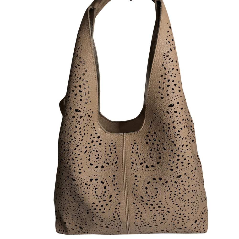 Melie Bianco Farrow Tote Bag Laser Cut Vegan Leather Tan with Removable Pouch